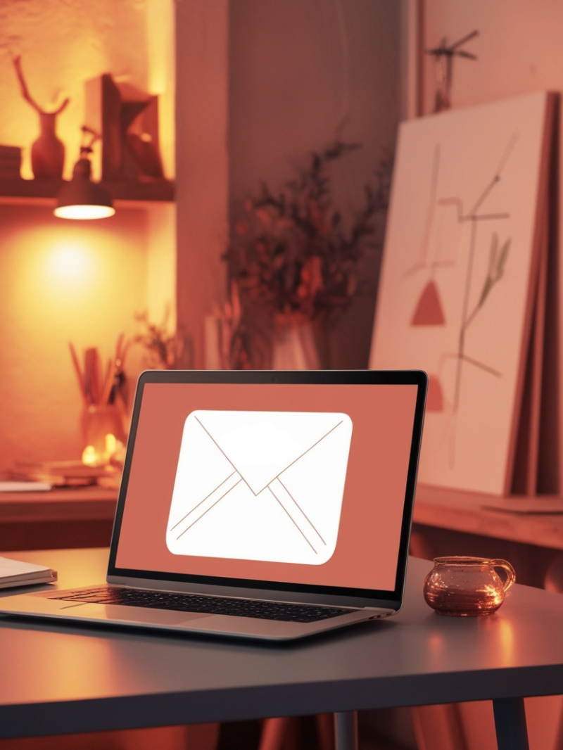 Na slici je otvoren laptop, a na ekranu laptopa nalazi se e-mail inbox koji vas poziva da se pretplatite na newsletter. Laptop je postavljen na sto u udobnom radnom prostoru sa toplim ambijentom i toplim osvetljenjem, stvarajući autentičnu atmosferu.