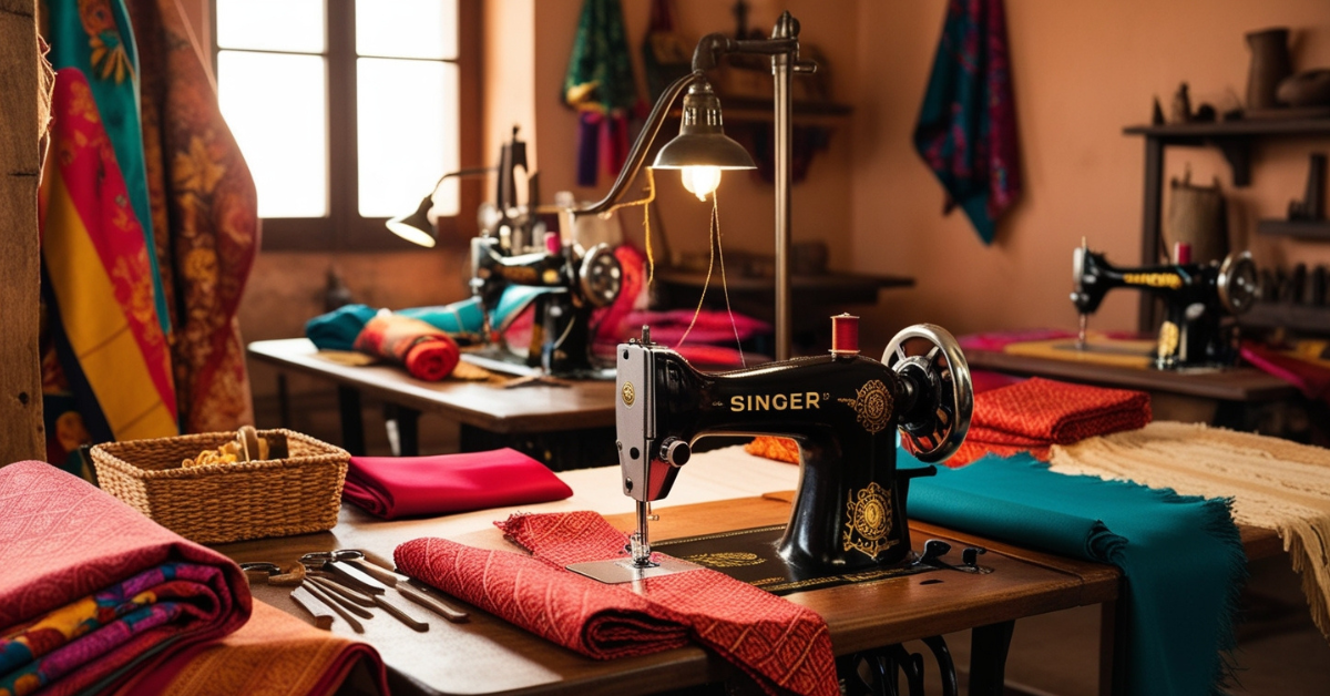 Lokalna domaća radionica sa šivaćom mašinom, materijalima i alatima