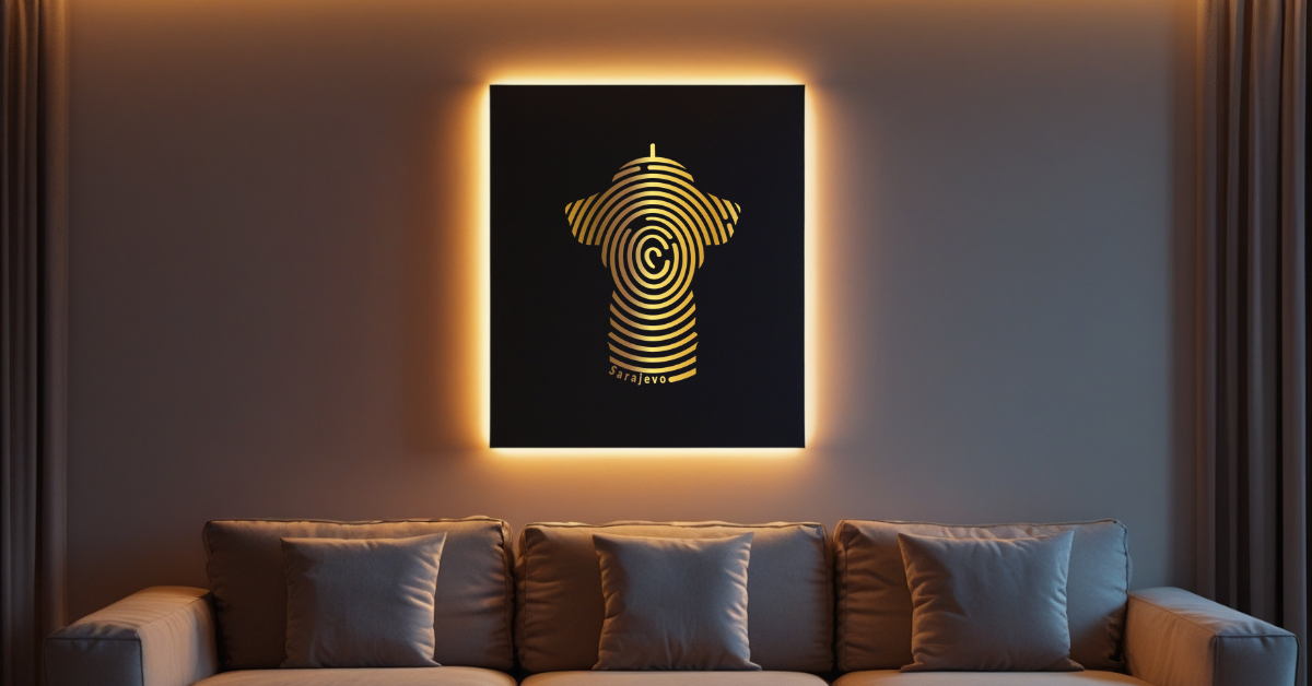 Poster dizajn sa motivom Sebilja u Sarajevu na crnom platnu, sa toplom rasvjetom koja stvara ugođaj u dnevnom boravku.